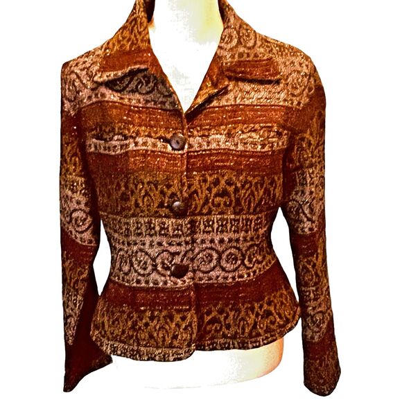 Flashback Jackets & Blazers - VTG Flashback Boho Tapestry Jacket Sz M Burgundy With Metallic Threading Pockets